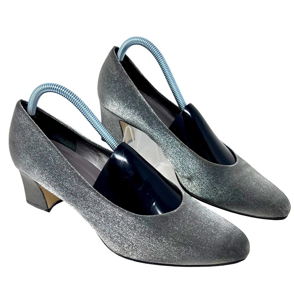 Naturalizer Women’s Silver Shimmer Heels Size 11 Almond Toe Block Heel Comfort